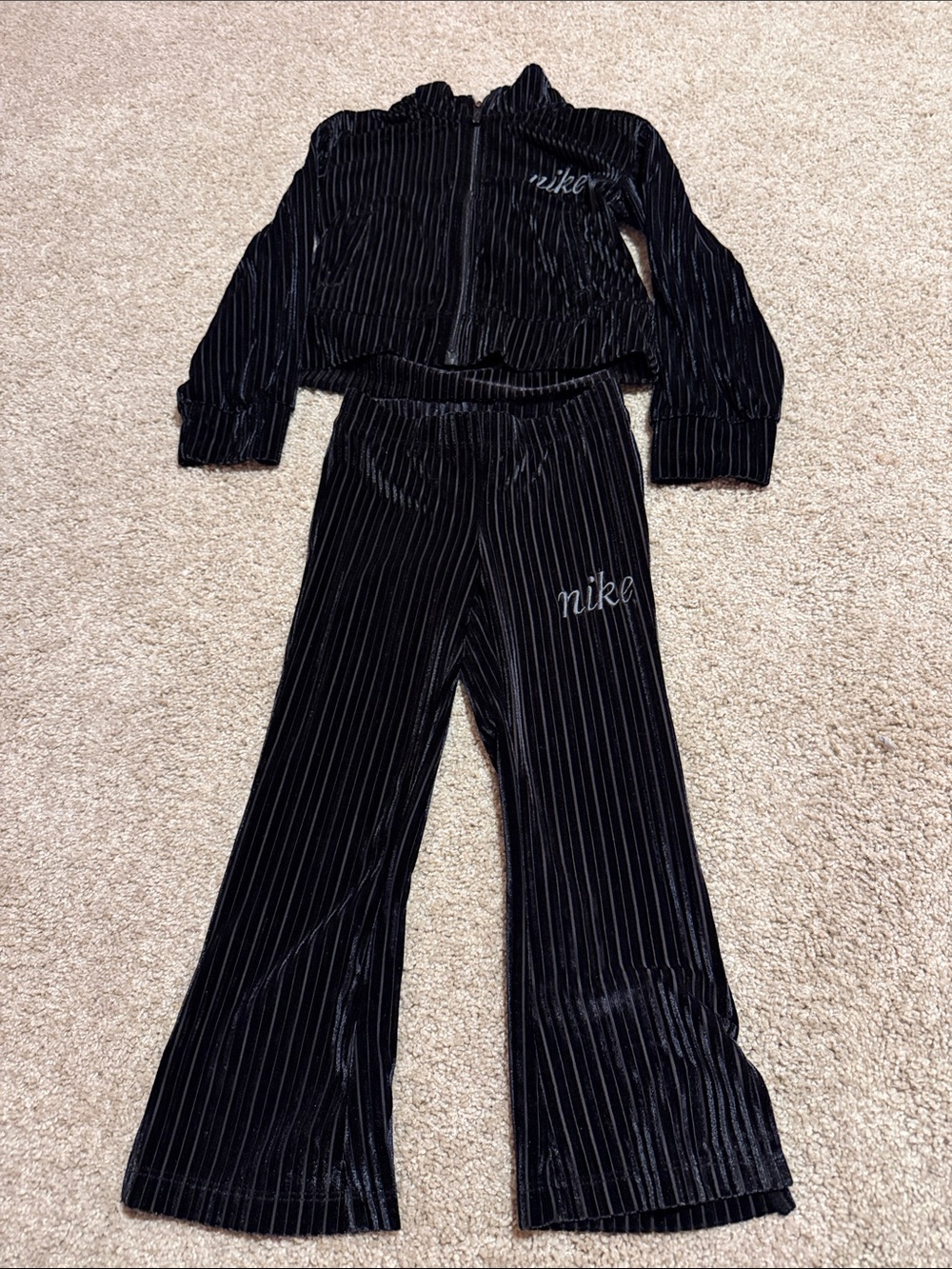 Nike Black Velvet Ribbed Zip-Up Jacket with Flared Pants